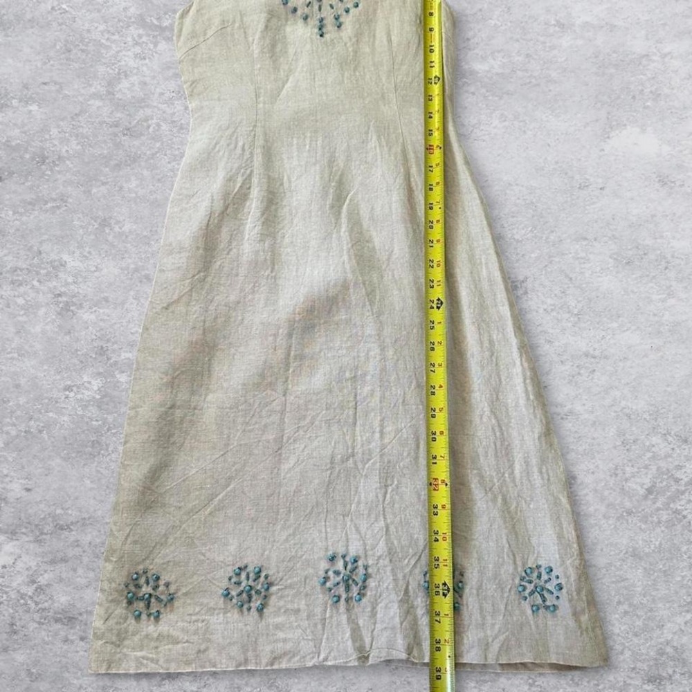 Dual View Beige Linen Beaded Sleeveless Midi Sheath Dress Turquoise Beading‎ - Picture 8 of 8